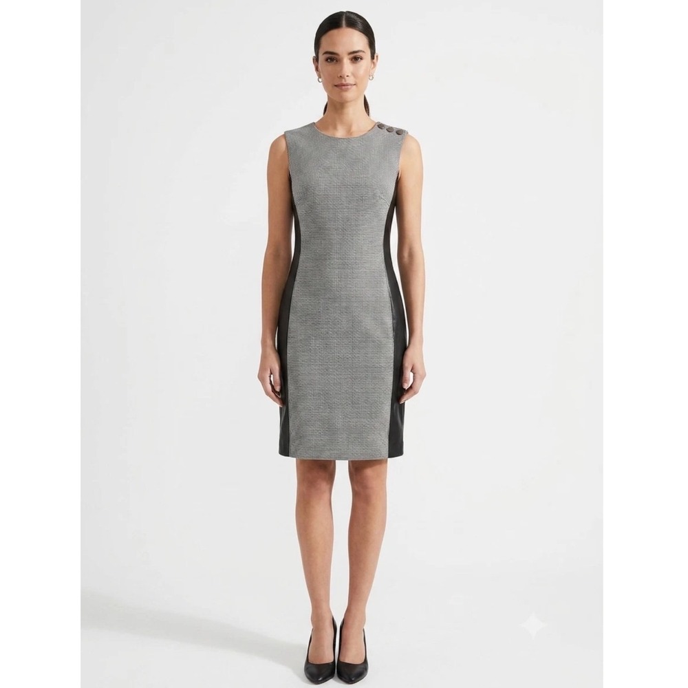 White House Black Market Houndstooth Faux Leather Trim Sheath Dress Size 12